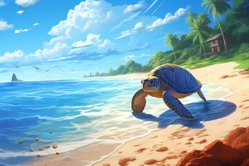 cartoon illustration, a turtle is walking on the beach - obrazy, fototapety, plakaty