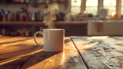 A hot coffee mug with steam rising from it, set on a rustic wooden table in a cozy kitchen. - obrazy, fototapety, plakaty