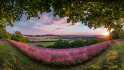 A breathtaking panoramic view of a vibrant rural landscape, as the sun starts to set and casts a golden glow over the scene.