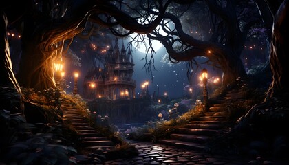 Halloween background with old castle in the forest. 3d rendering