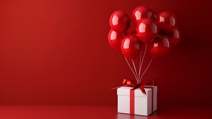 Red Balloons and Gift Box with Lustrous Red Ribbon