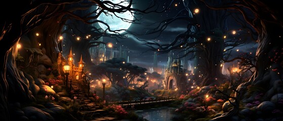 Fantasy night landscape with a river in the forest. Illustration