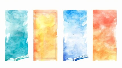 Obraz premium A set of blank mockup bookmarks with famous book quotes and watercolor backgrounds. .