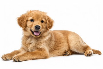 The charming golden retriever puppy reclines gracefully on a plain white surface.