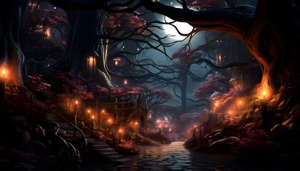 Mysterious dark forest with fog and lights. 3d rendering