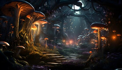 Fantasy mushroom in the forest at night. 3D illustration.
