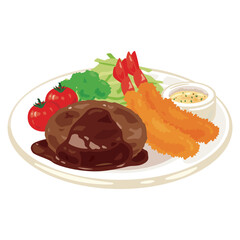 皿に盛られたハンバーグとエビフライ
