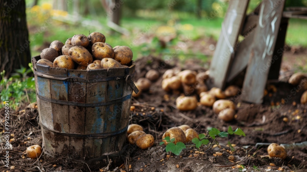 Wall mural Bucket full of spuds in soil