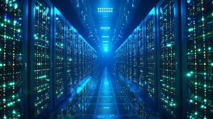 digital illustration of a massive cloud computing data center, featuring rows of servers with blue and green LED lights