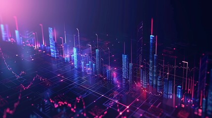 isometric background of blue and purple stock market candlestick chart with glowing digital skyscrapers in the style of vector illustration, flat design, dark blue gradient background, minimalistic