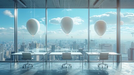 A floating office space concept with desks and chairs suspended by balloons, symbolizing creativity and lightness in workplace design, set against a city skyline