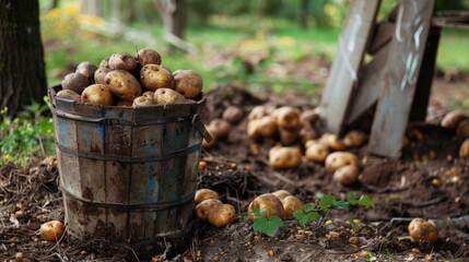 Bucket full of spuds in soil