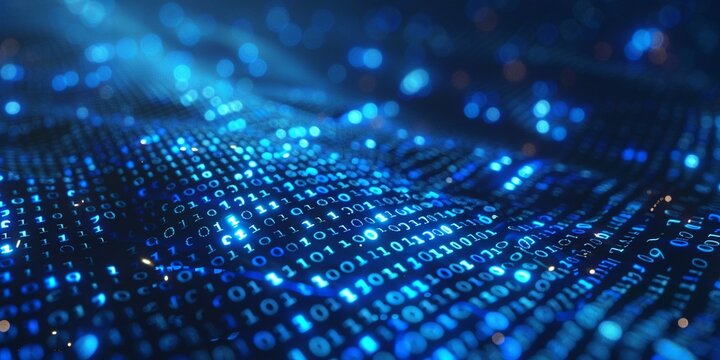 Abstract digital background with binary code and numbers on a blue gradient background, representing a data technology concept. An abstract futuristic glowing tech pattern could be used