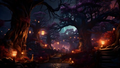 Halloween background with spooky tree and full moon. 3d rendering