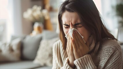 Woman with respiratory illness sneezing in living room possibly due to allergies. Concept Respiratory Illness, Allergies, Indoor Environment, Sneezing, Health Concerns