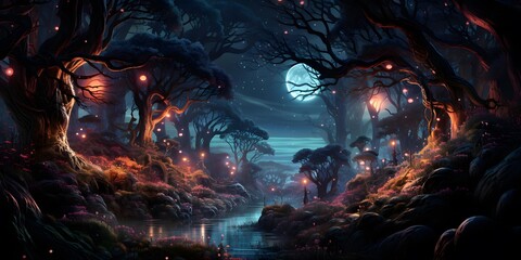 Fantasy landscape with dead trees and full moon. 3d illustration - obrazy, fototapety, plakaty
