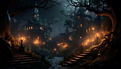 Halloween background. Scary castle in the forest. 3d rendering