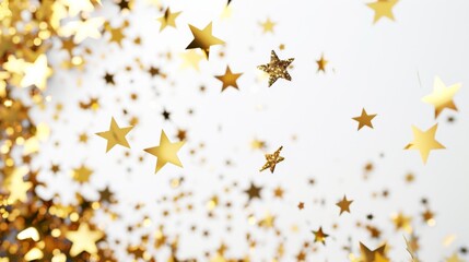 Gold stars falling on white background
