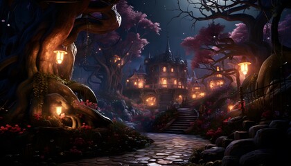 Halloween night scene with pumpkins and haunted house. 3d illustration