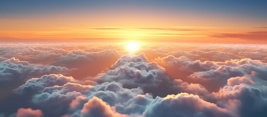 aerial view of beautiful sunset above the clouds with dramatic light
