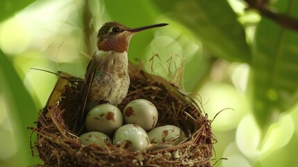 Fototapeta premium Hummingbird Guarding Nest with Eggs. Vigilant hummingbird perches protectively by its nest, overseeing the precious eggs nestled within the branches.
