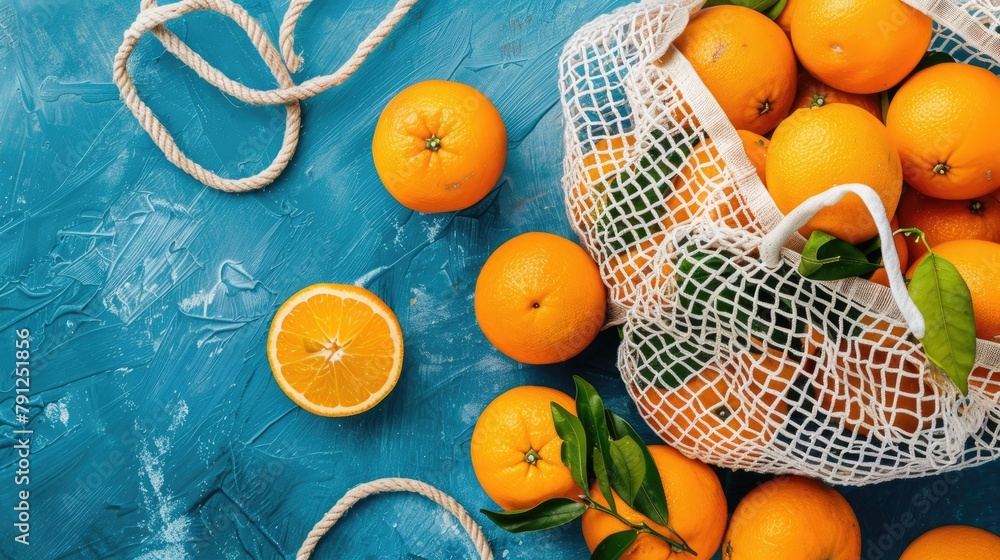 Poster top view of a colored background with a net bag full of fresh oranges