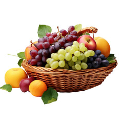 Tasty Peaches and grapes fruit basket Isolated On White Background