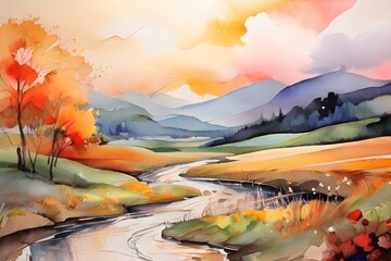 Beautiful Landscape Watercolor Oil Painting Abstract Background with Paint Brush Strokes, Wallpaper...