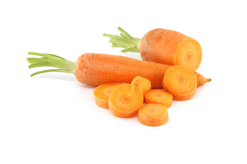 Whole carrot and its sliced pieces isolated against a white background