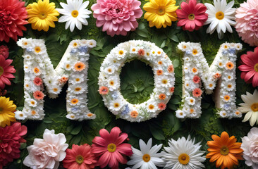 postcard with the word 'MOM' adorned with elegant white flowers standing out against colorful floral bouquets