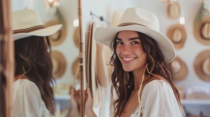 A portrait of a female tourist choosing hat or trying hat in store with mirror with a big space for text or product backdrop, Generative AI.