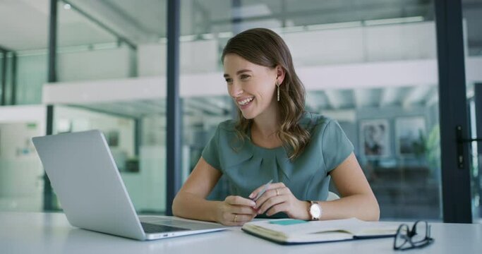 Businesswoman, video conference and wave for meeting on laptop, communication and online networking. Female person, workplace and virtual discussion on technology, book and planning or writing ideas