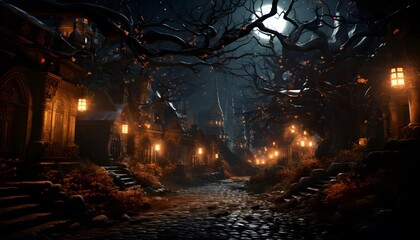 Mysterious dark forest at night. Horror Halloween concept. 3D Rendering