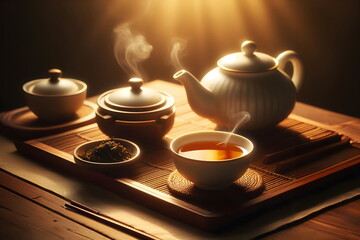 a cup of tea on a bamboo mat with a teapot, tea ceremony scene, tea cup