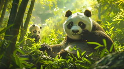 Panda and Cub in Misty Bamboo Forest. Giant panda and her cub relax in a lush bamboo forest, with...