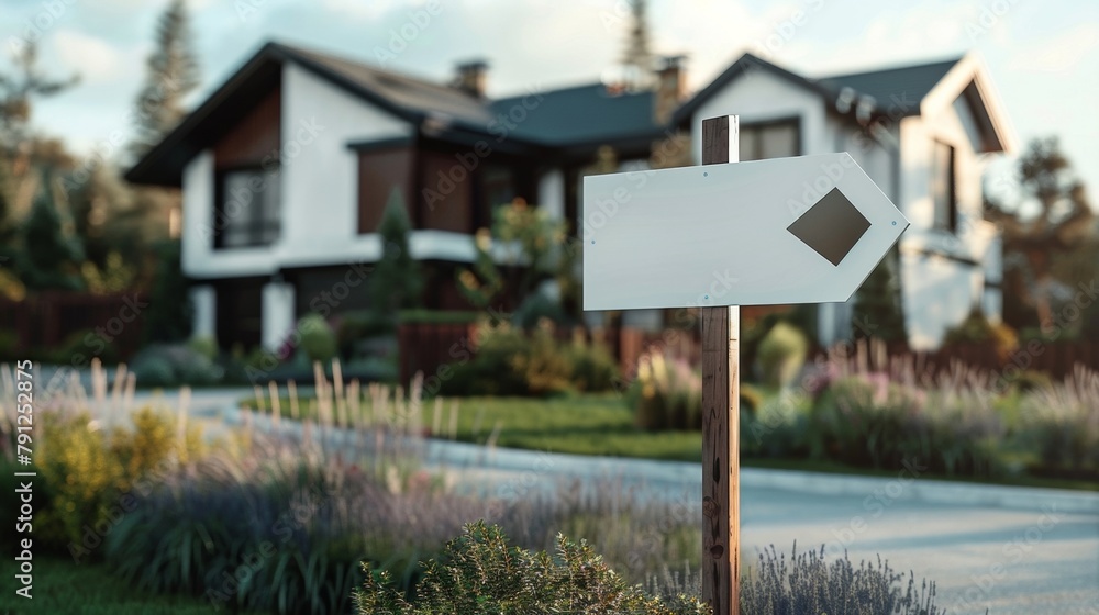 Poster blank mockup of a durable and sy yard sign with a large arrow pointing towards the property. .