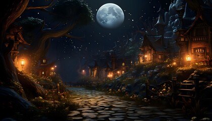 Halloween night landscape with haunted house and moonlight. 3d illustration