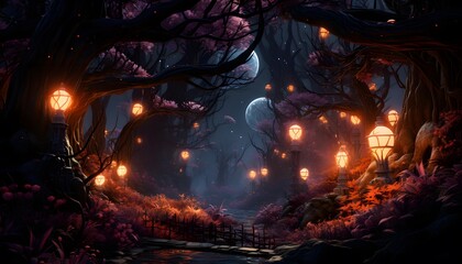 3d illustration of a mystical dark forest with a full moon in the background