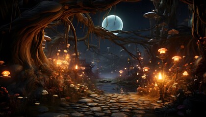 Mystical dark forest with stars and moon. 3d rendering