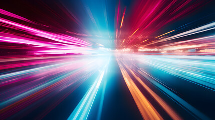 Futuristic cityscape blurry light trailing into abstract cityscape at night.  speed of light or speed in motion blur A blurry cityscape with neon lights and a red