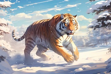cartoon illustration, a tiger is running in the snow