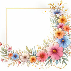 drawing of Watercolor colorful flower background with golden frame linear sketch doodle, copy space for text on white background vector