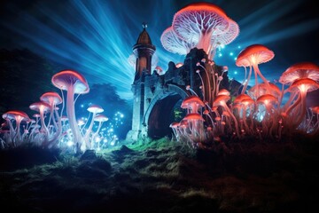 Glowing Mushrooms: A castle surrounded by bioluminescent mushrooms.