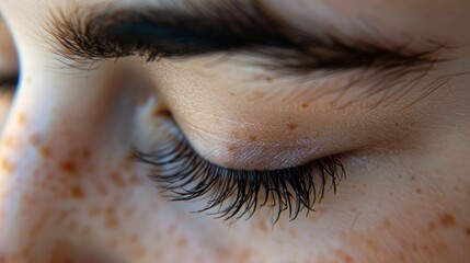 The closed eyelashes rest upon the adding to the overall tranquil vibe of the photo. .