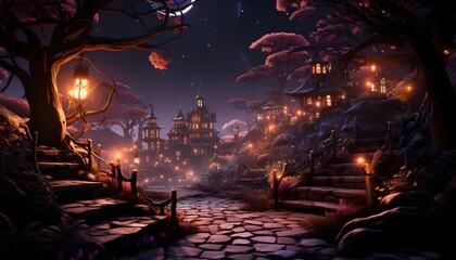 Halloween night in the old city. Halloween background. 3d rendering