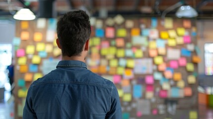 Fototapeta premium A blurred background of a man standing in front of a large bulletin board filled with colorful notes representing his active involvement in personal development workshops and seminars. .