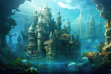 Obraz na płótnie Canvas Underwater Palace: A castle beneath the sea with marine life swimming around.