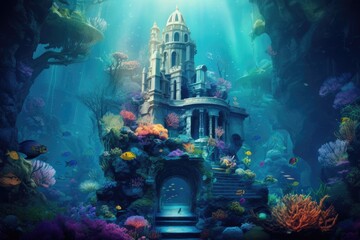Underwater Palace: A castle beneath the sea with marine life swimming around.