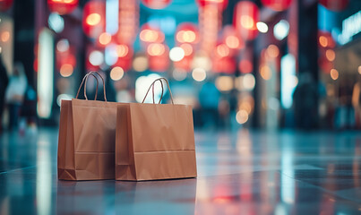 Brown shopping bags on floor front the mall store at night, business, retail, banner and sign concept - obrazy, fototapety, plakaty