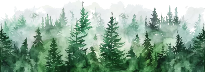 Gordijnen watercolor green pine forest landscape banner © wanna